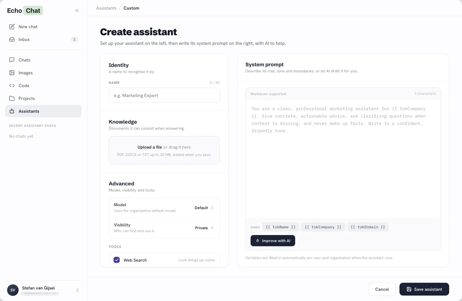 EchoChat — create a custom assistant with a role, instructions and a knowledge base