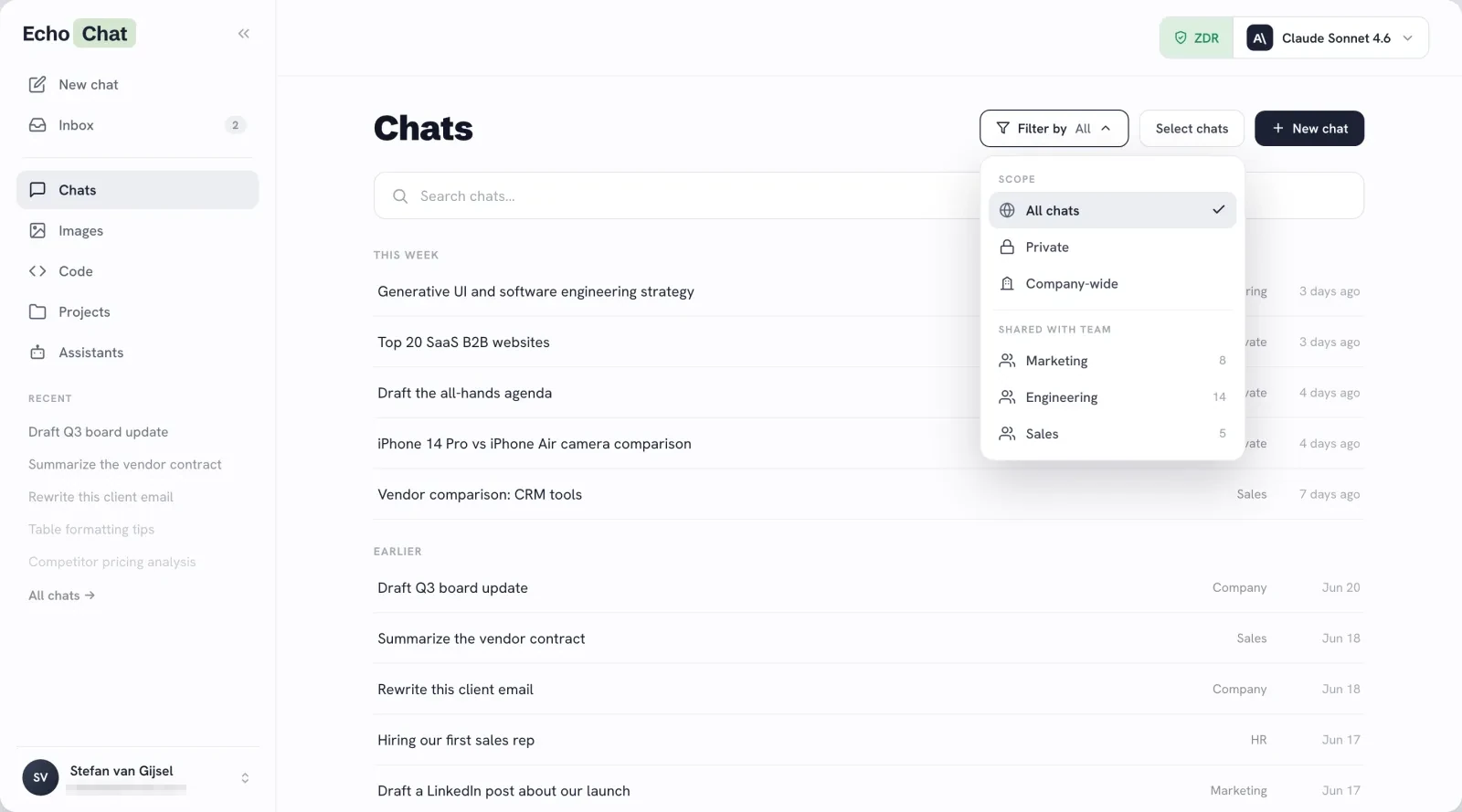 EchoChat chats — search and browse shared chat history