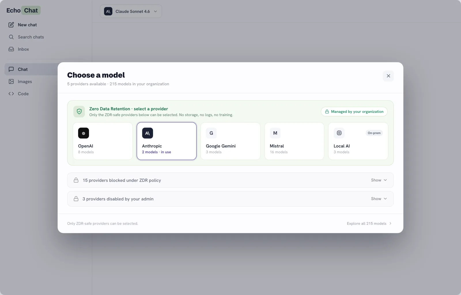 EchoChat model picker — every major AI model with privacy and energy ratings