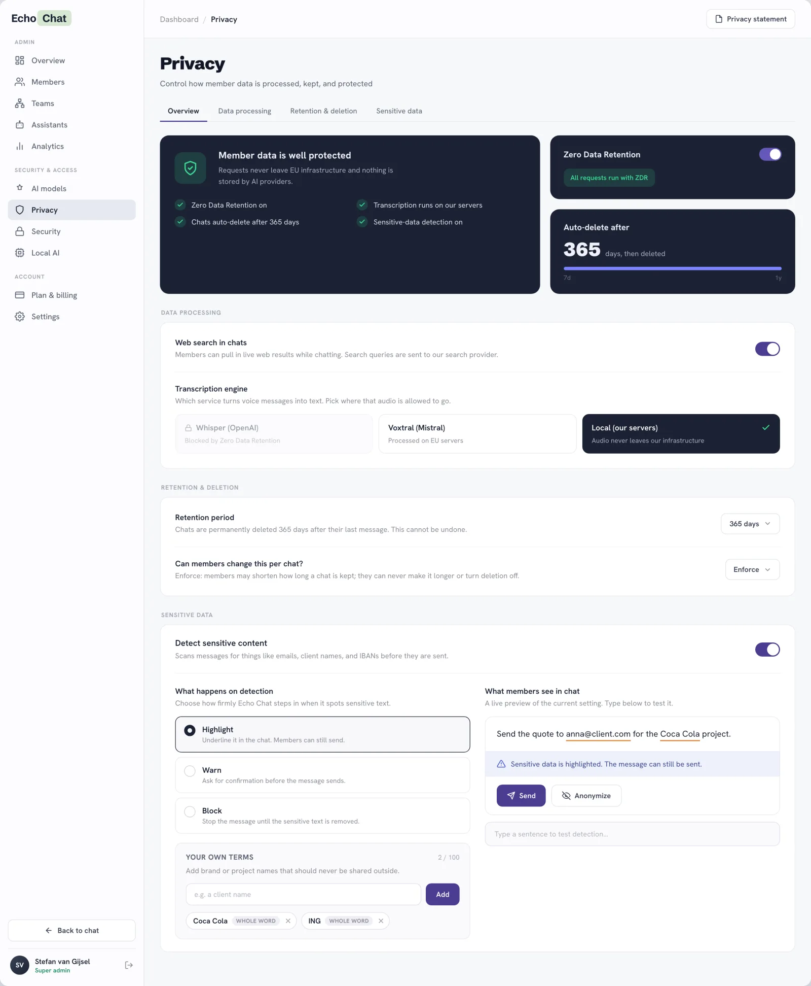 EchoChat privacy overview — plain-language data controls and Zero Data Retention