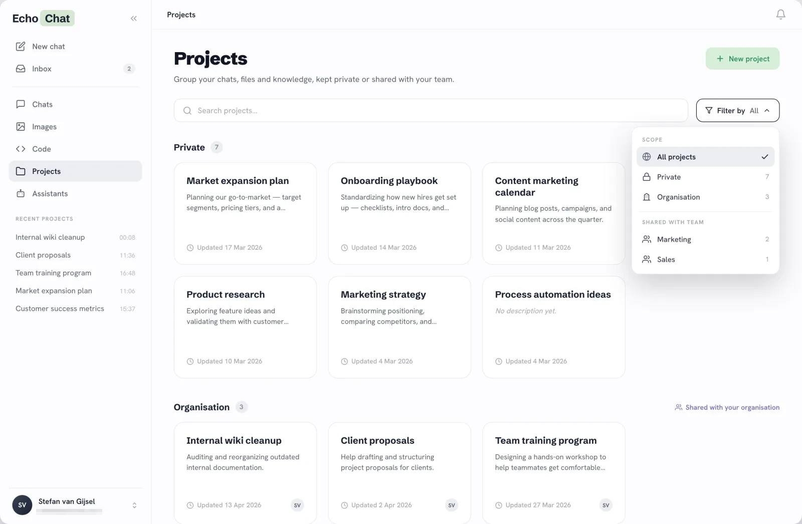 EchoChat Projects library — private and organization projects grouped by team