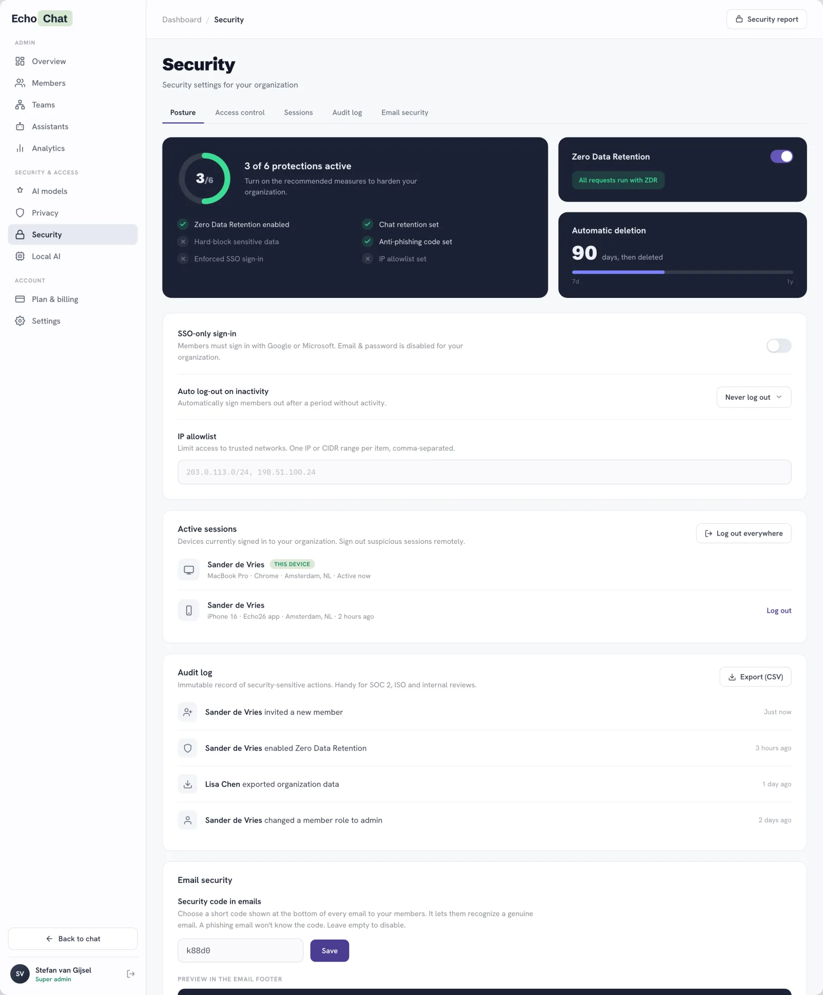 EchoChat organization security settings — posture, Zero Data Retention, sessions and audit log